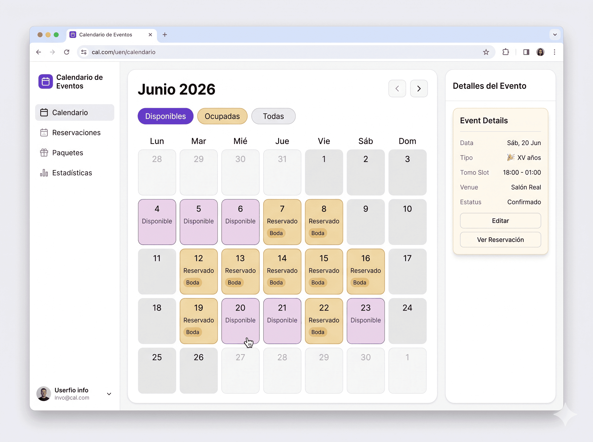 Calendario de disponibilidad del salón